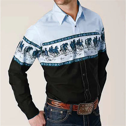 Chemise à manches longues à imprimé floral de cow-boy occidental pour le printemps et l'été, chemise à col pour homme en tissu doux et confortable
