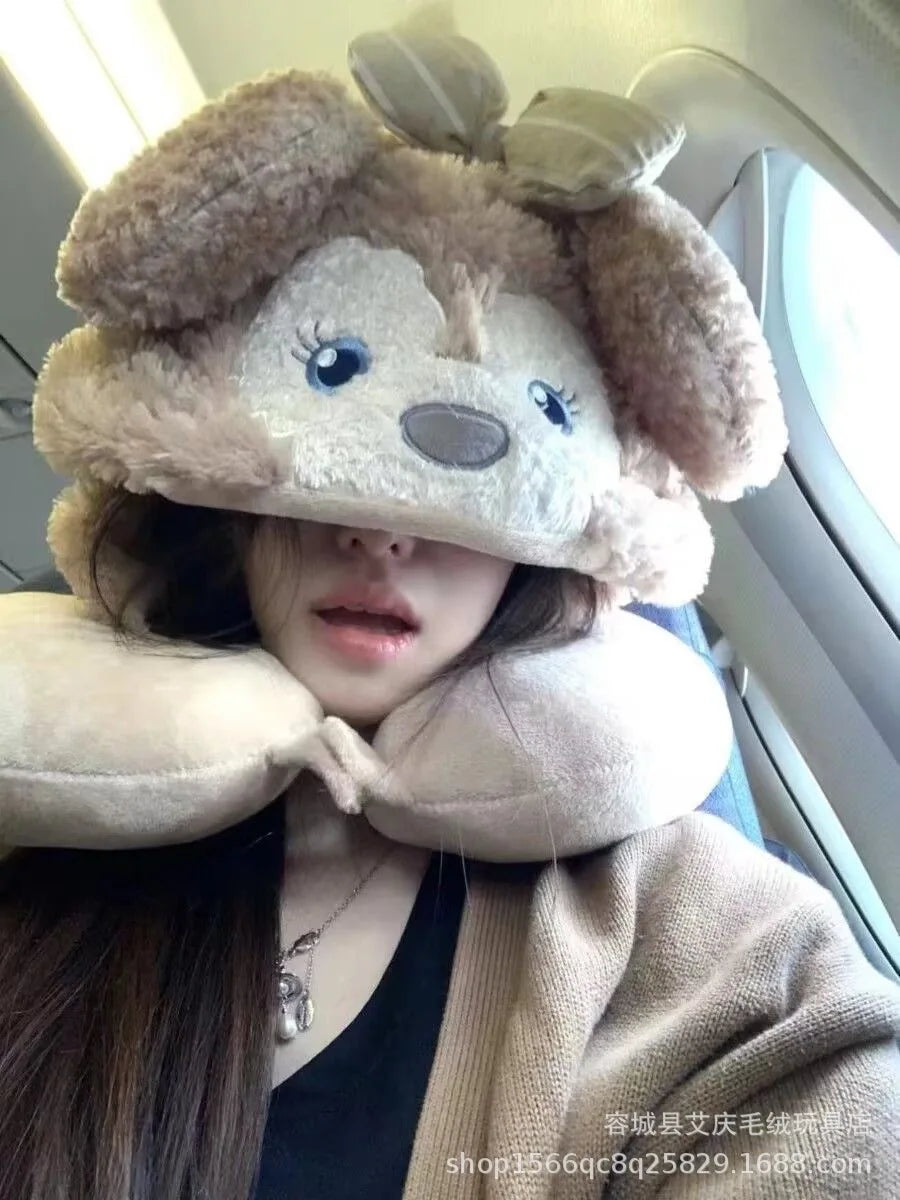 Cartoon plush Stitch Ling Nabelle U-shaped pillow with hooded neck pillow travel car plane office nap artifact girl gifts