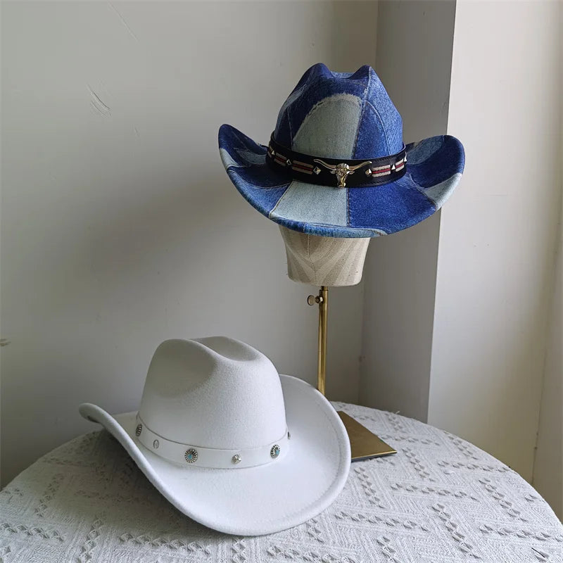 Chapeau de cowboy de style ethnique, tendance, chic, unisexe, couleur unie, avec décoration en forme de taureau, style western