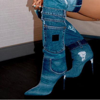 Bottes de cow-girl au dessus du genou en denim délavé pour femmes, chaussures chic à talon aiguille épicé Y2K et bout pointu avec poches épissées, 2024