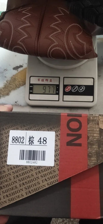 Men'S Western Cowboy Boots Black Brown Pu Leather Boots Retro Men Rading Boots Man Embroidered Mid-Calf Motorcycle Boots Size 48