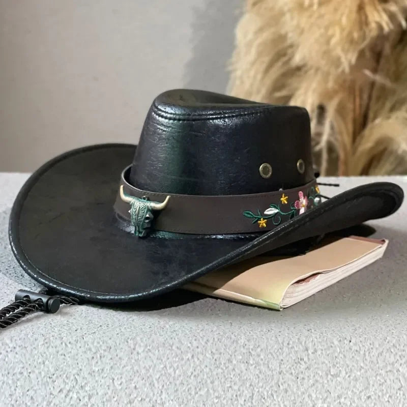 Fashion High Quality Retro Cow Head Decorate Western Cowboy Hat Faux Leather Gentleman Jazz Hats Men Panama Cowgirl Hat