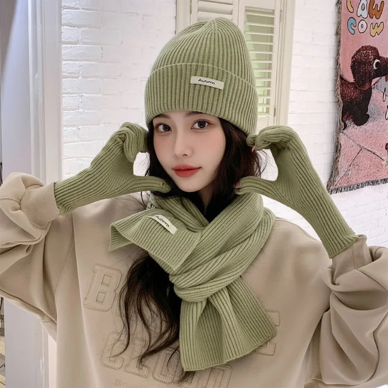 Ensemble chapeau, écharpe et gants en laine tricotée de couleur unie-ensemble de noël chaud du nouvel an rouge en faux cachemire automne/hiver