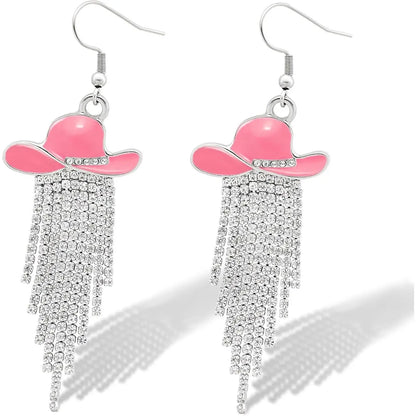 Western Cowgirl Dangle Earrings Enamel Hat Sparkly Rhinestone Tassel Pendant Prom Country Concerts Rodeo Cowboy Women Jewelry