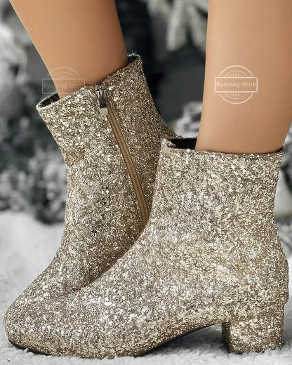 Boots Women Christmas Glitter Zipper Chunky Heel Ankle Boot Sequins Round Toe Chunky Heels Ankle Boots Party Shoes for Women