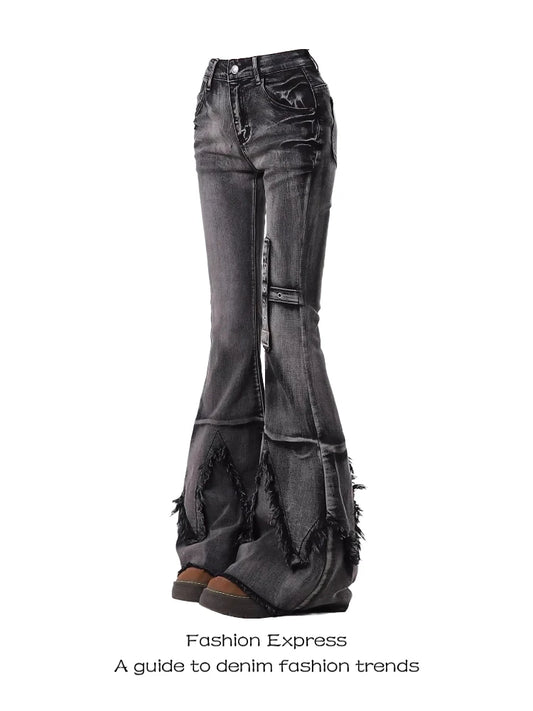 Jean américain pour femmes, décoration croisée, Design effiloché, amincissant, Micro pantalon évasé, décontracté, taille haute, Denim