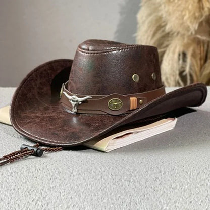 Fashion High Quality Retro Cow Head Decorate Western Cowboy Hat Faux Leather Gentleman Jazz Hats Men Panama Cowgirl Hat