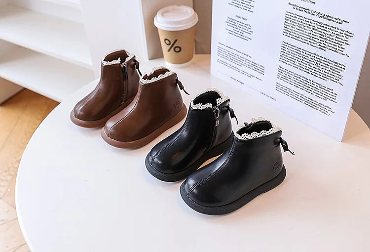 2024 New Autumn Children Boots Leather Girls Ankle Boots  Lace Butterfly-knot  Rubber Sole Fashion Toddler Kids Boots EU 21-30