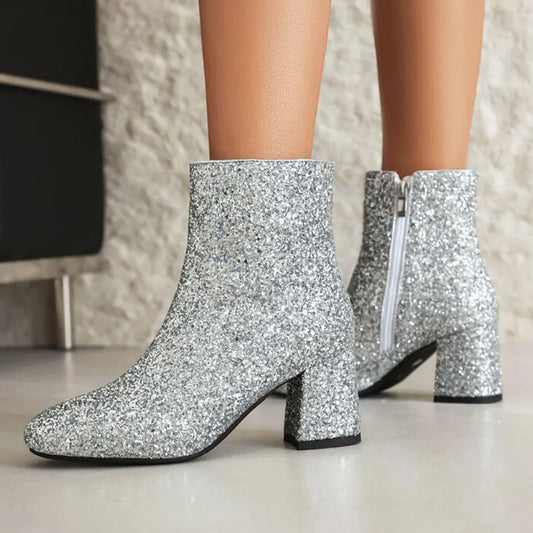 GIGIFOX Women Sequins Glitter Ankle Boots Chunky High Heel Side Zipper Shiny Fashion Shoe Sparkly Wedding Party Mid-Calf Booties