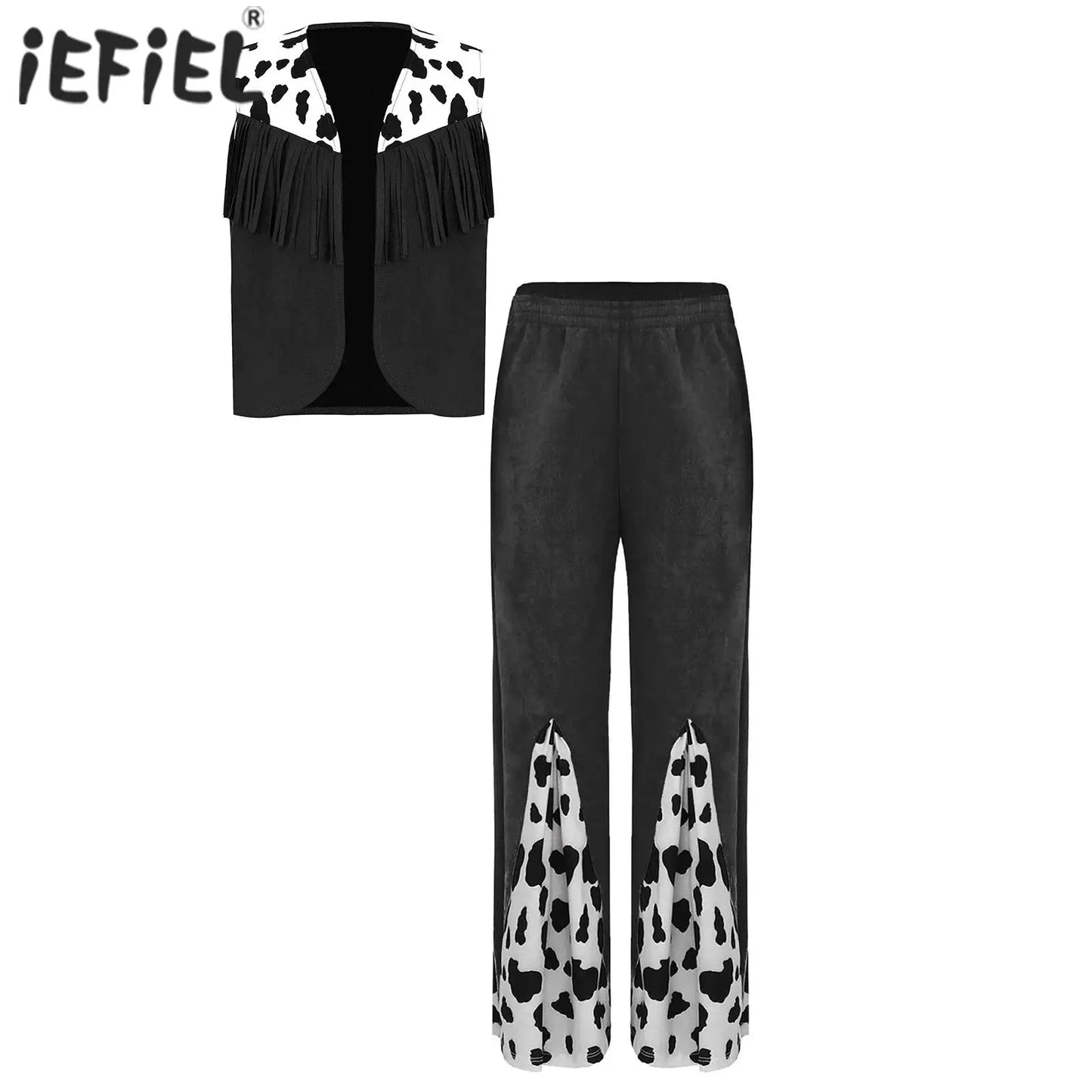 Kids Child Halloween Western Cowboy Cowgirl Cosplay Costume Cow Print Tassels Vest and Flared Pants Set Carnival Party Dress Up