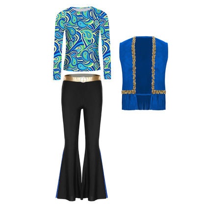 Girls Halloween Disco Hippie Western Cowgirl Carnival Cosplay Costume Printed Shirt Tops with Tassels Vest And Flared Pants Set