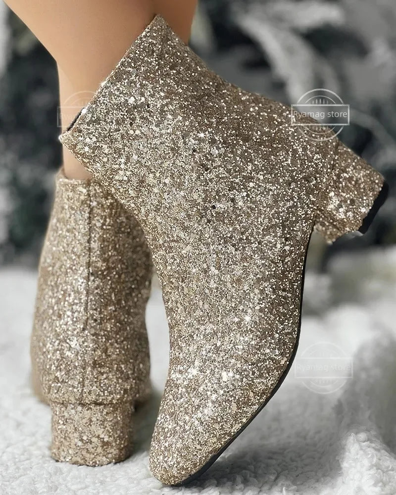 Boots Women Christmas Glitter Zipper Chunky Heel Ankle Boot Sequins Round Toe Chunky Heels Ankle Boots Party Shoes for Women