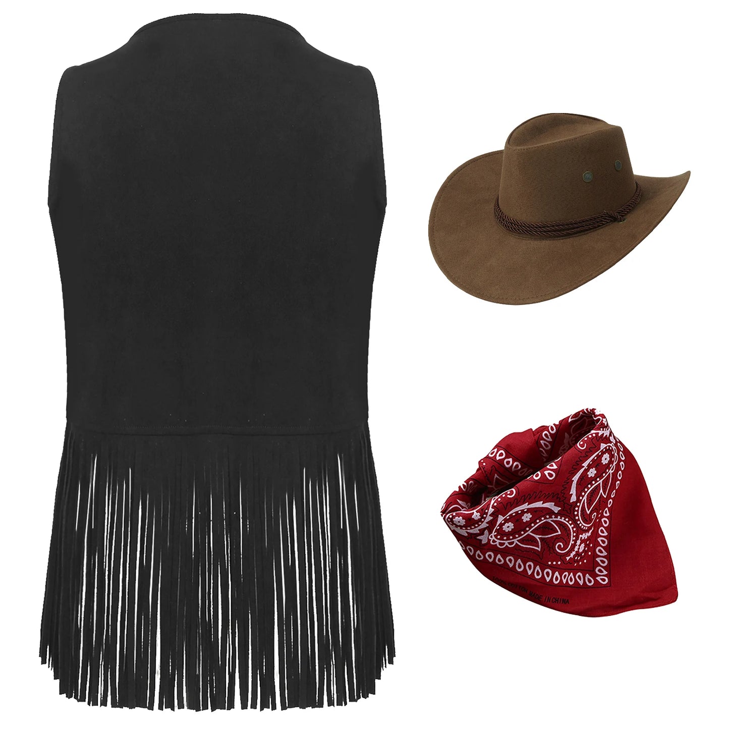 Gilet de cowboy pour femme, costume de cosplay, en faux daim, avec pompons et rivets, pour Halloween, avec bandana