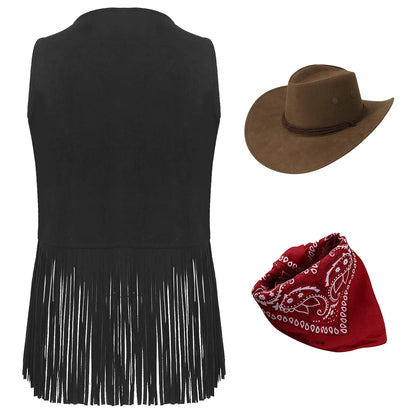 Gilet de cowboy pour femme, costume de cosplay, en faux daim, avec pompons et rivets, pour Halloween, avec bandana