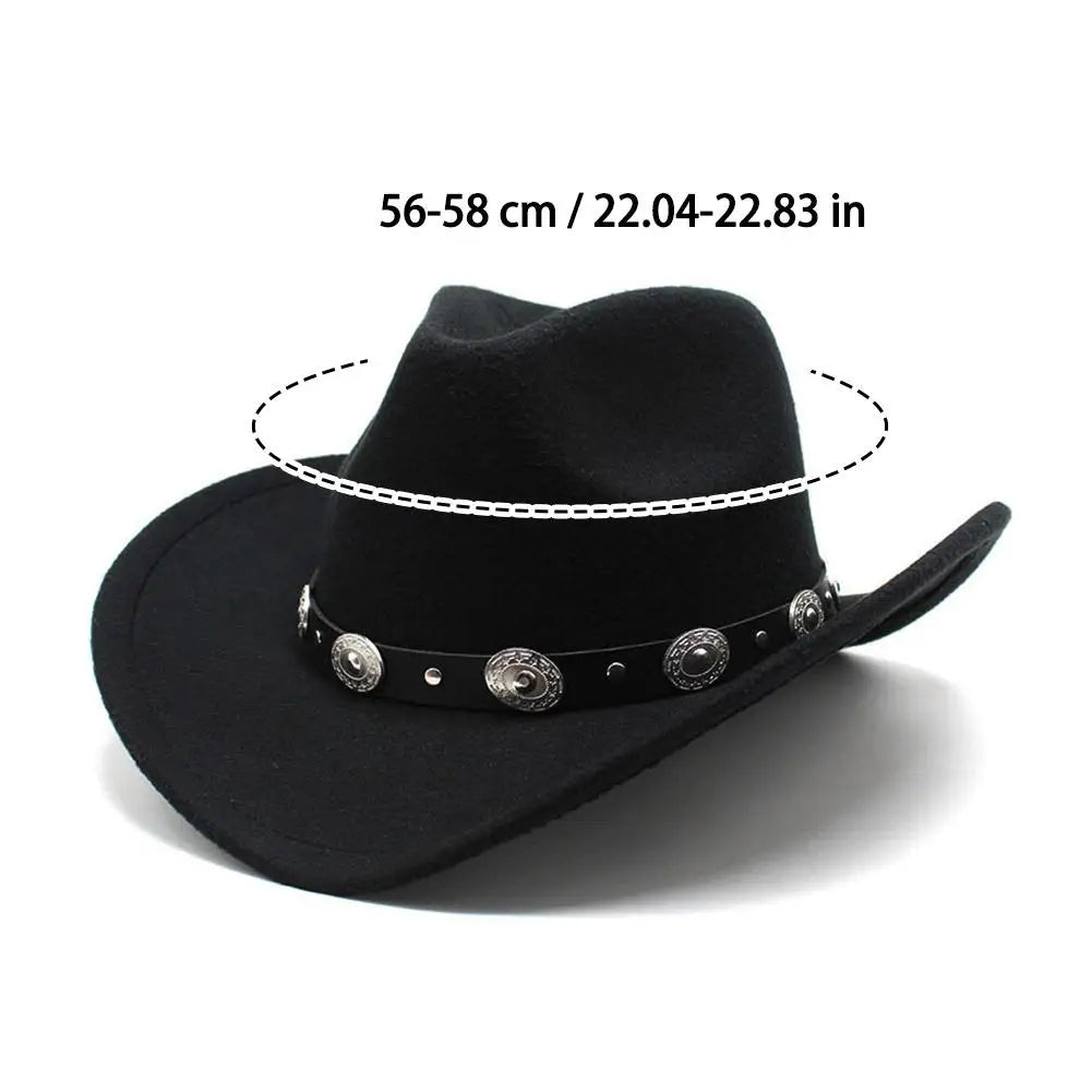 Womens Felt Western Cowboy Hats Studded Pinched Western Cowgirl Hats Wide Brim Retro Fedoras Hat Belt Buckle Vacation Party Hat