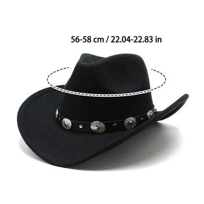 Womens Felt Western Cowboy Hats Studded Pinched Western Cowgirl Hats Wide Brim Retro Fedoras Hat Belt Buckle Vacation Party Hat