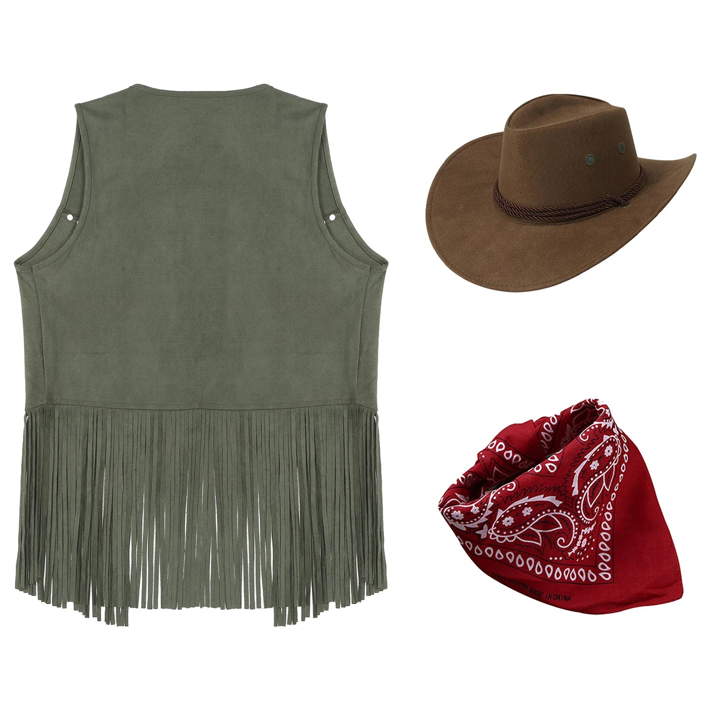 Gilet de cowboy pour femme, costume de cosplay, en faux daim, avec pompons et rivets, pour Halloween, avec bandana