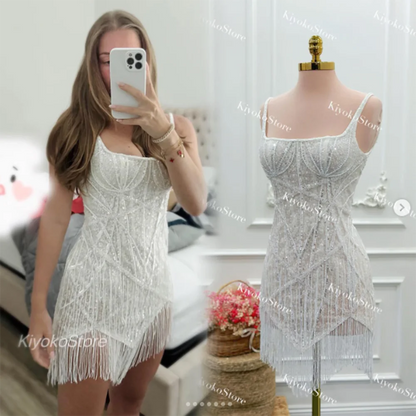 Robes de mariée personnalisées en gros 2025 Robes de mariée scintillantes Robes de mariée mini-longues Robes de mariée à col carré Robes de mariée à dos ouvert