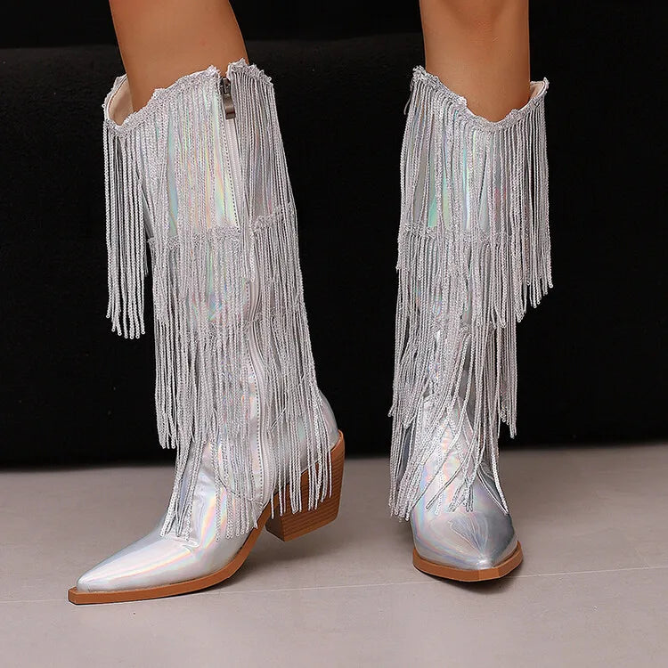 Bottes western à sequins et pompons, noires et argentées, courtes, en peluche, automne/hiver, talon de 6,5 cm, style bohème, hauteur genou, pointures 36 a 46.