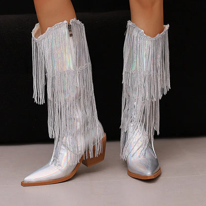 Bottes western à sequins et pompons, noires et argentées, courtes, en peluche, automne/hiver, talon de 6,5 cm, style bohème, hauteur genou, pointures 36 a 46.