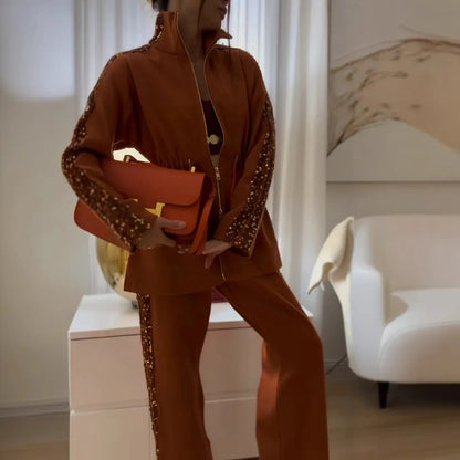 Ensemble deux pièces pour femme, mode automne-hiver, patchwork, paillettes, manches longues contrastées, fermeture éclair, manteau, pantalon large décontracté