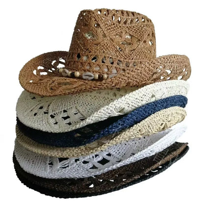 Chapeau de paille bohème d'été pour femmes et hommes, chapeaux de Cowboy de plage, perles en bois ajourées, chapeau de soleil oc