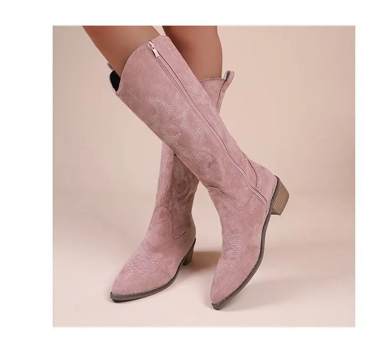 Winter New Coarse Heel Look Thin Tall Long Boots Not Over Knee Embroidered Retro Western Cowboy Boots 2025 New