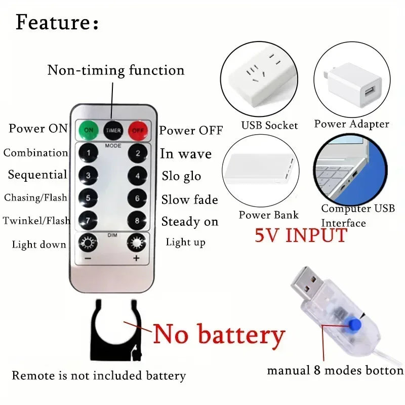 Rideau Lumineux LED USB avec Télécommande, Guirxiété Lumineuse, 8 Modes, 3 m, 6m, Vacances, Mariage, Dégradé, Chambre, Salon, Décor