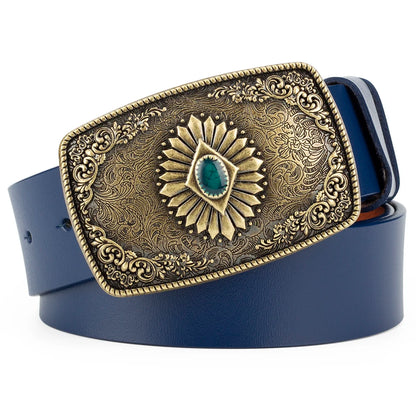 Ceinture classique en cuir véritable avec boucle en émail saphir et motif floral sculpté en argent pour femmes et hommes, cadeau