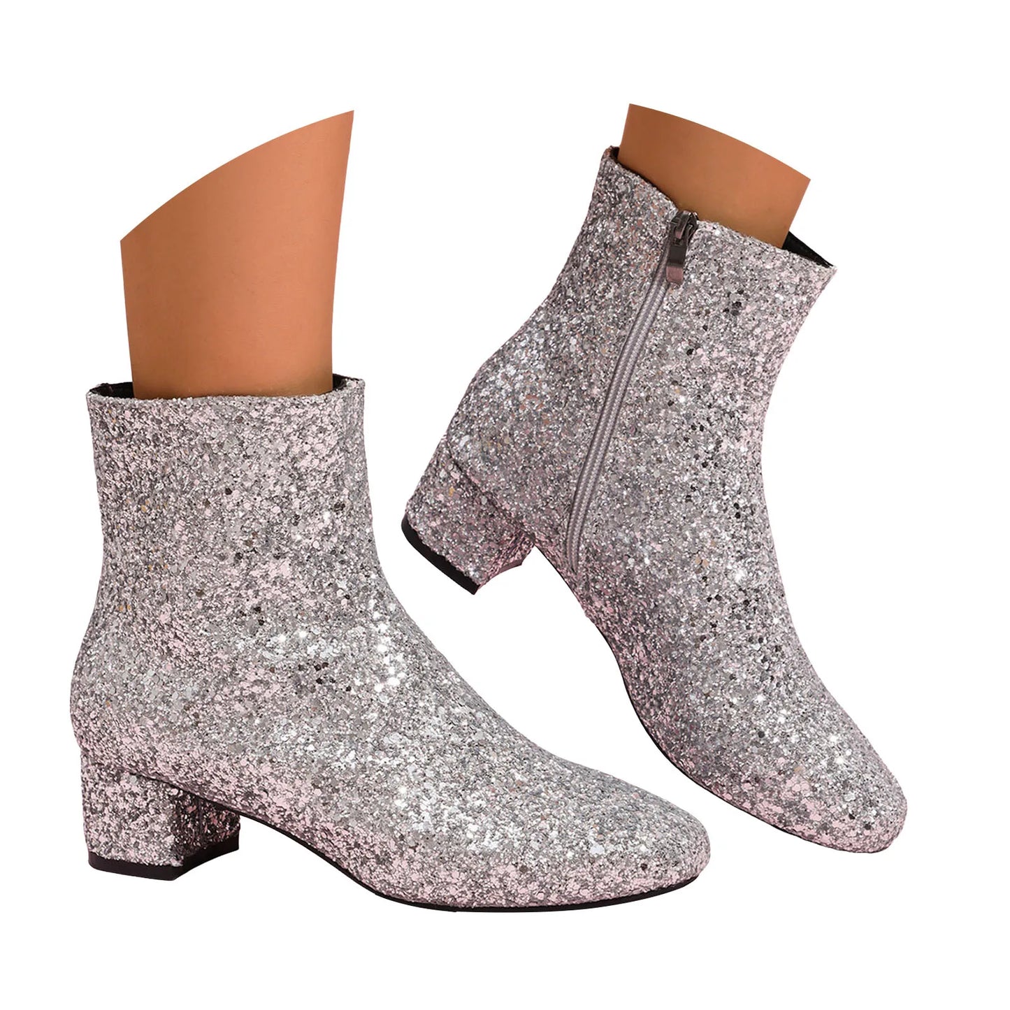 Luxury Sequined Women Ankle Boots Solid Color Chunky Block Heels Short Boot Side Zipper Autumn Winter Party Shoes Large Size