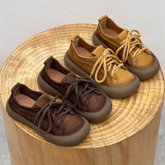 Chaussures en cuir de vache pour femmes, style rétro, pour loisirs en plein air, marche, chaussures plates à lacets, chaussures de travail sur le terrain des agriculteurs