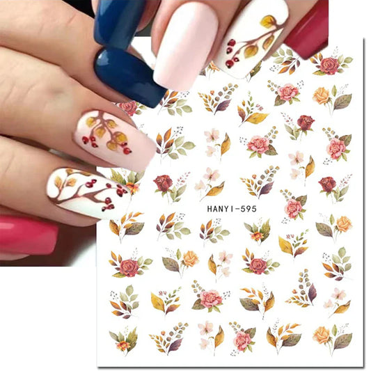 3d Nail Art Stickers Winter Autumn Golden Leaves Red Roses Flowers Decals For Nails Decoration Manicure Salon Beauty