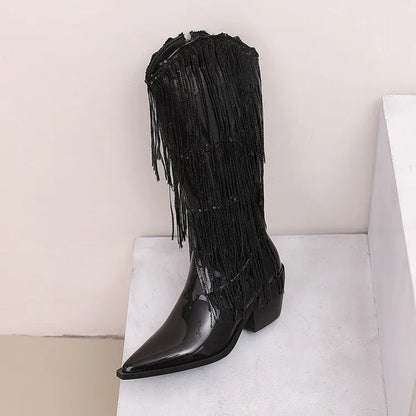 Bottes western à sequins et pompons, noires et argentées, courtes, en peluche, automne/hiver, talon de 6,5 cm, style bohème, hauteur genou, pointures 36 a 46.