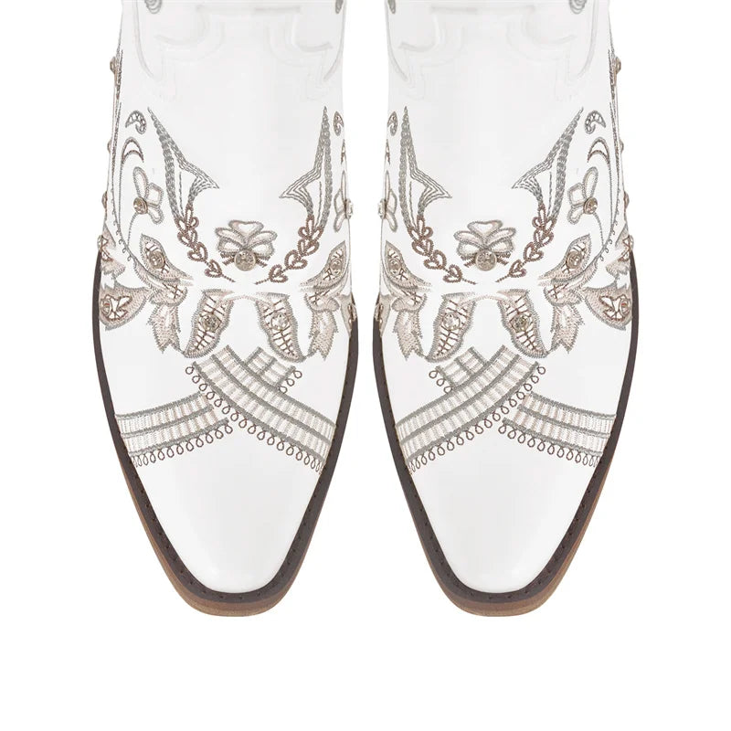 Bottes de cowboy blanches brodées Onlymaker pour femmes, à talon bloc, bout pointu, ornées de cristaux, style cowgirl.
