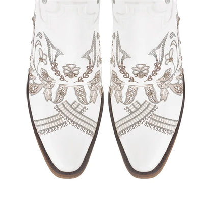 Bottes de cowboy blanches brodées Onlymaker pour femmes, à talon bloc, bout pointu, ornées de cristaux, style cowgirl.