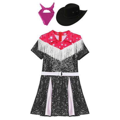 Costume de cow-girl western 3 pièces pour fille, robe plissée à paillettes avec chapeau de cowboy et bandana, pour Noël, Halloween, fête