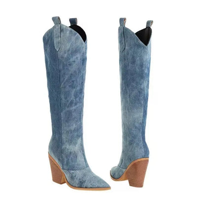 Women's Boots Denim Western Boots Autumn Winter Knee Thigh High Boots High Heel Long Boot Pointed Toe Slip on  Women Cowboy Boot