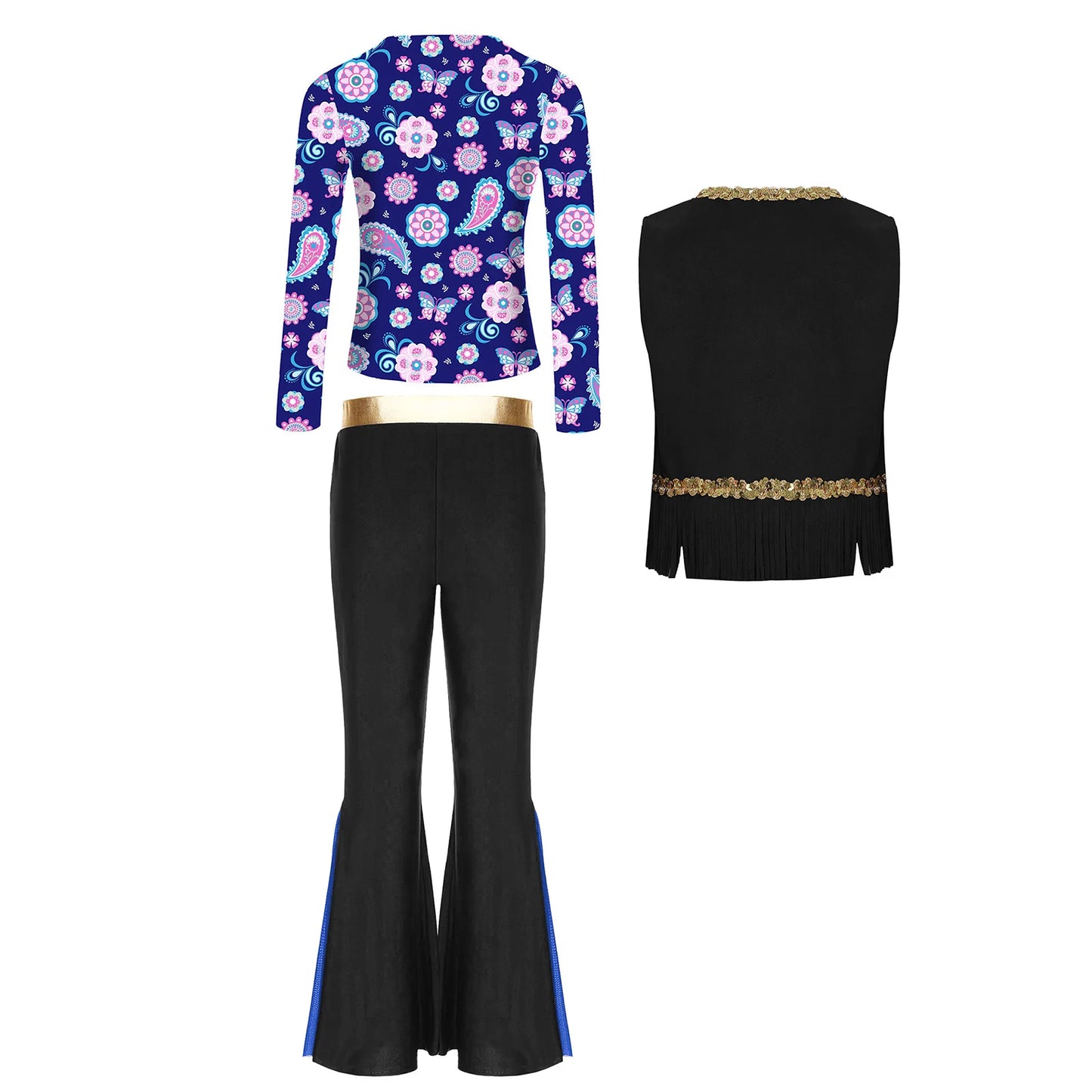 Girls Halloween Disco Hippie Western Cowgirl Carnival Cosplay Costume Printed Shirt Tops with Tassels Vest And Flared Pants Set