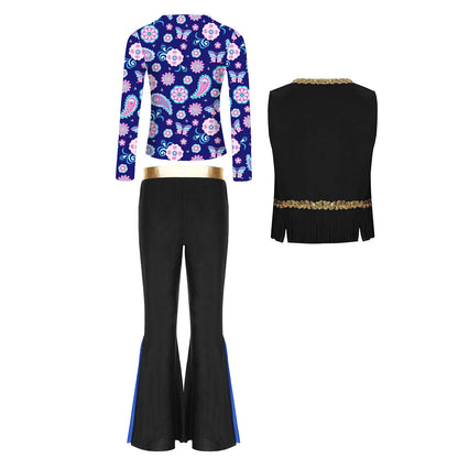 Girls Halloween Disco Hippie Western Cowgirl Carnival Cosplay Costume Printed Shirt Tops with Tassels Vest And Flared Pants Set