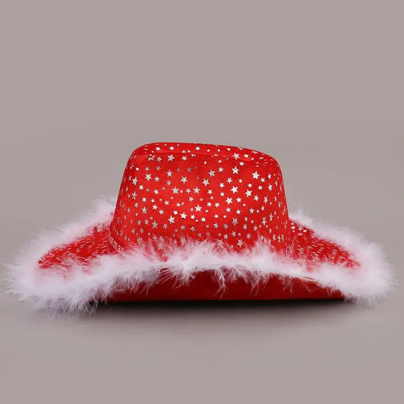 Chapeau de Cowboy de noël rouge, décoration du père noël, accessoires de fête de vacances, chapeau de Cowgirl à large bord, chapeau de Jazz