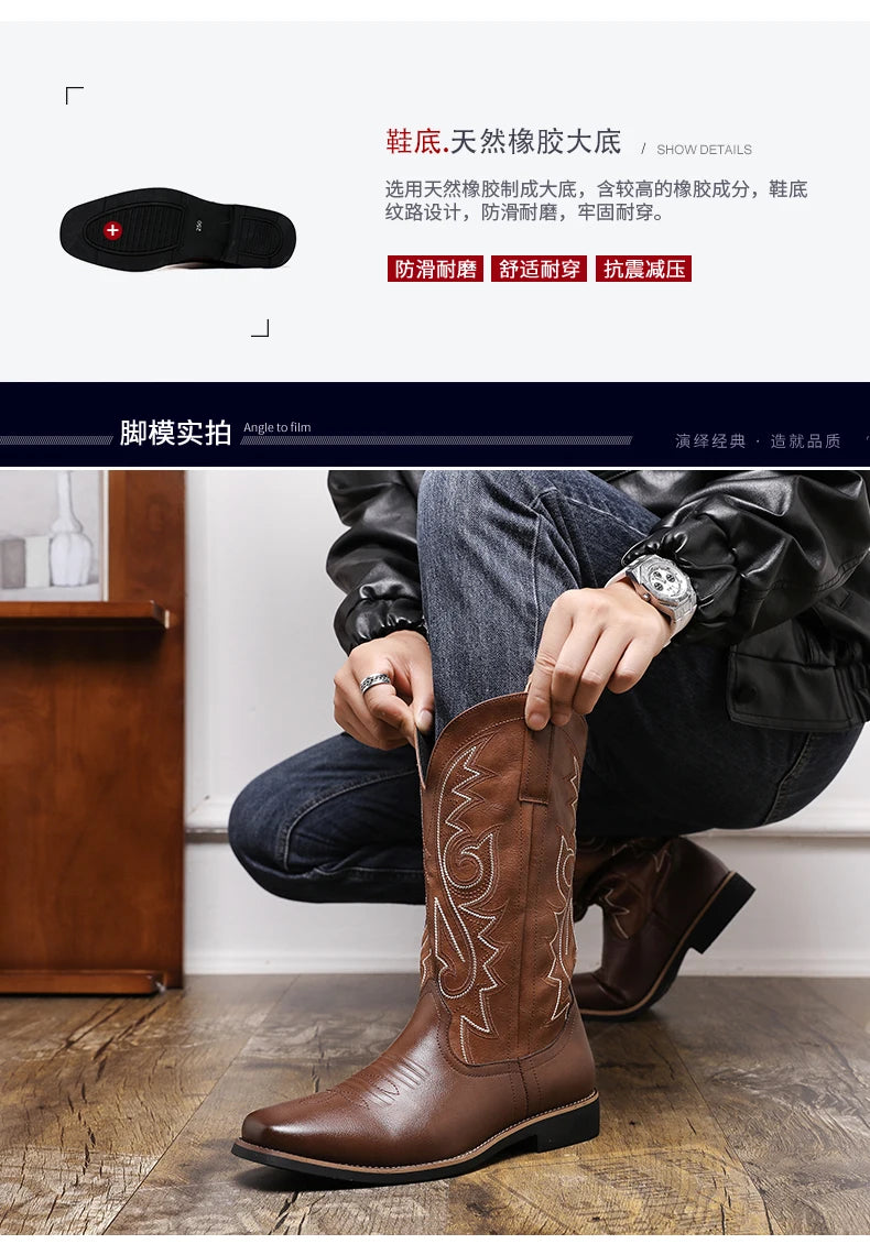 Men Boot 2024 Mid Calf Western Cowboy Motorcycle Boots Male Autumn Outdoor PU Leather Totem Med Heel Fashion Designed Men Boots