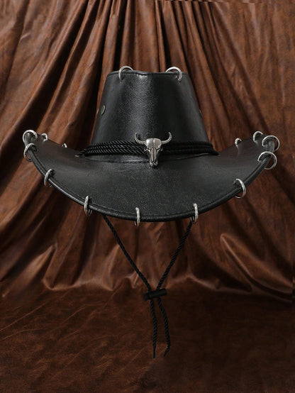 HongLuan – chapeau de Cowboy noir réglable en cuir PU pour hommes et femmes, mode occidentale de voyage, Cowgirl avec Badge Bullhead, chapeaux d'extérieur pour femmes