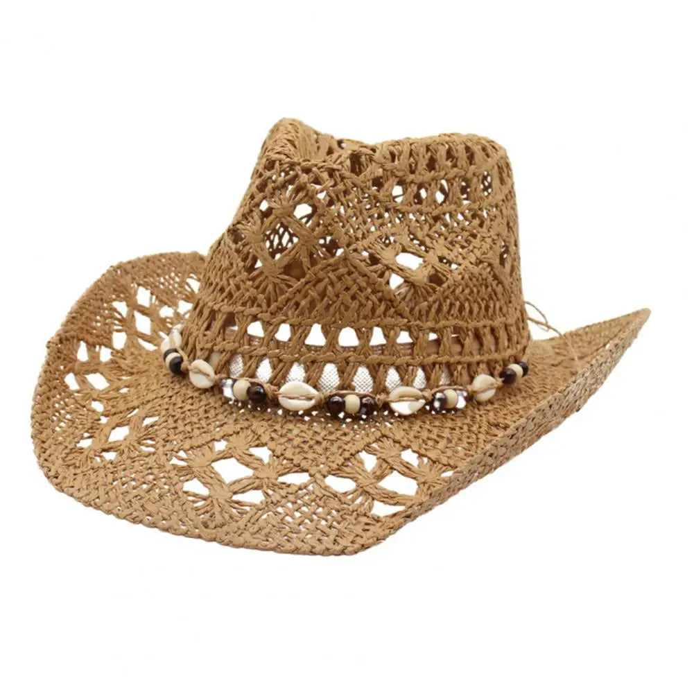 Chapeau de cowboy en paille pour hommes et femmes, chapeau de cow-girl occidental avec bord façonnable, chapeau de paille rétro tissé ajouré, chapeaux de soleil côtiers de plage