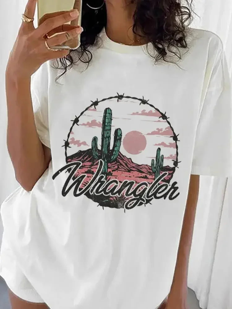 Chemise western en détresse, imprimé dessin animé tendance, nouveau style d'été, voyage et loisirs, col rond, haut basique et polyvalent pour femme, imprimé T-S