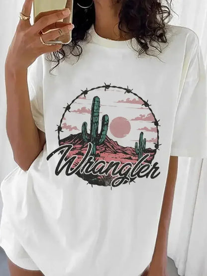 Chemise western en détresse, imprimé dessin animé tendance, nouveau style d'été, voyage et loisirs, col rond, haut basique et polyvalent pour femme, imprimé T-S