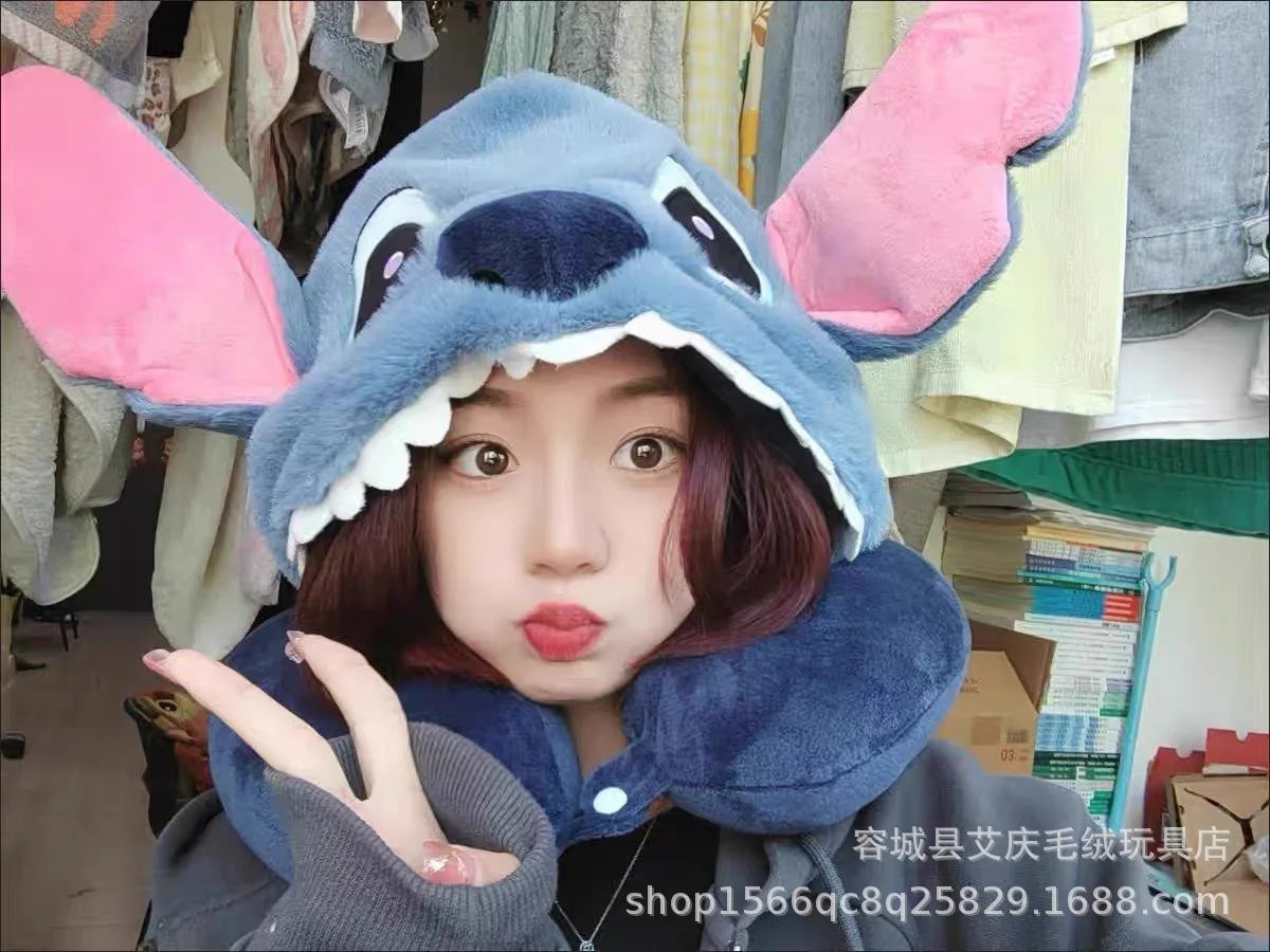 Cartoon plush Stitch Ling Nabelle U-shaped pillow with hooded neck pillow travel car plane office nap artifact girl gifts
