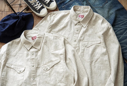 Western Sle Linen irt Men's Casual Long Sve Pure Color Loose Fit Classic Collar Button down Trendy Khaki irt