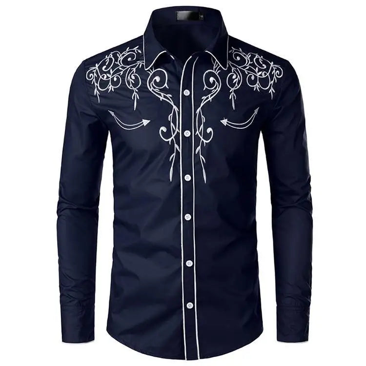 Chemise brodée à la main de style occidental, chemise rétro américaine, chemise brodée tendance pour homme, haut respirant, tailles S à 2XL