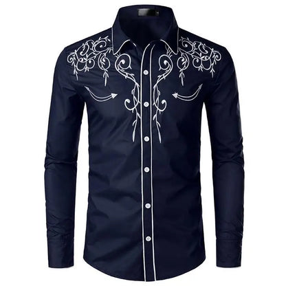 Chemise brodée à la main de style occidental, chemise rétro américaine, chemise brodée tendance pour homme, haut respirant, tailles S à 2XL