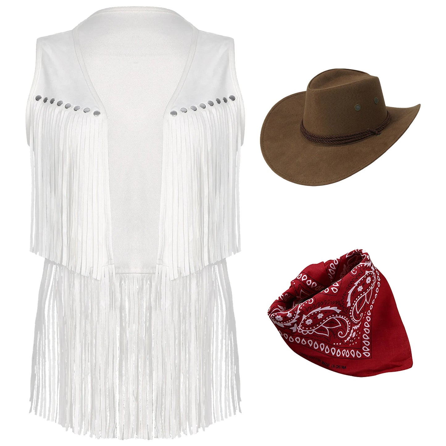 Gilet de cowboy pour femme, costume de cosplay, en faux daim, avec pompons et rivets, pour Halloween, avec bandana